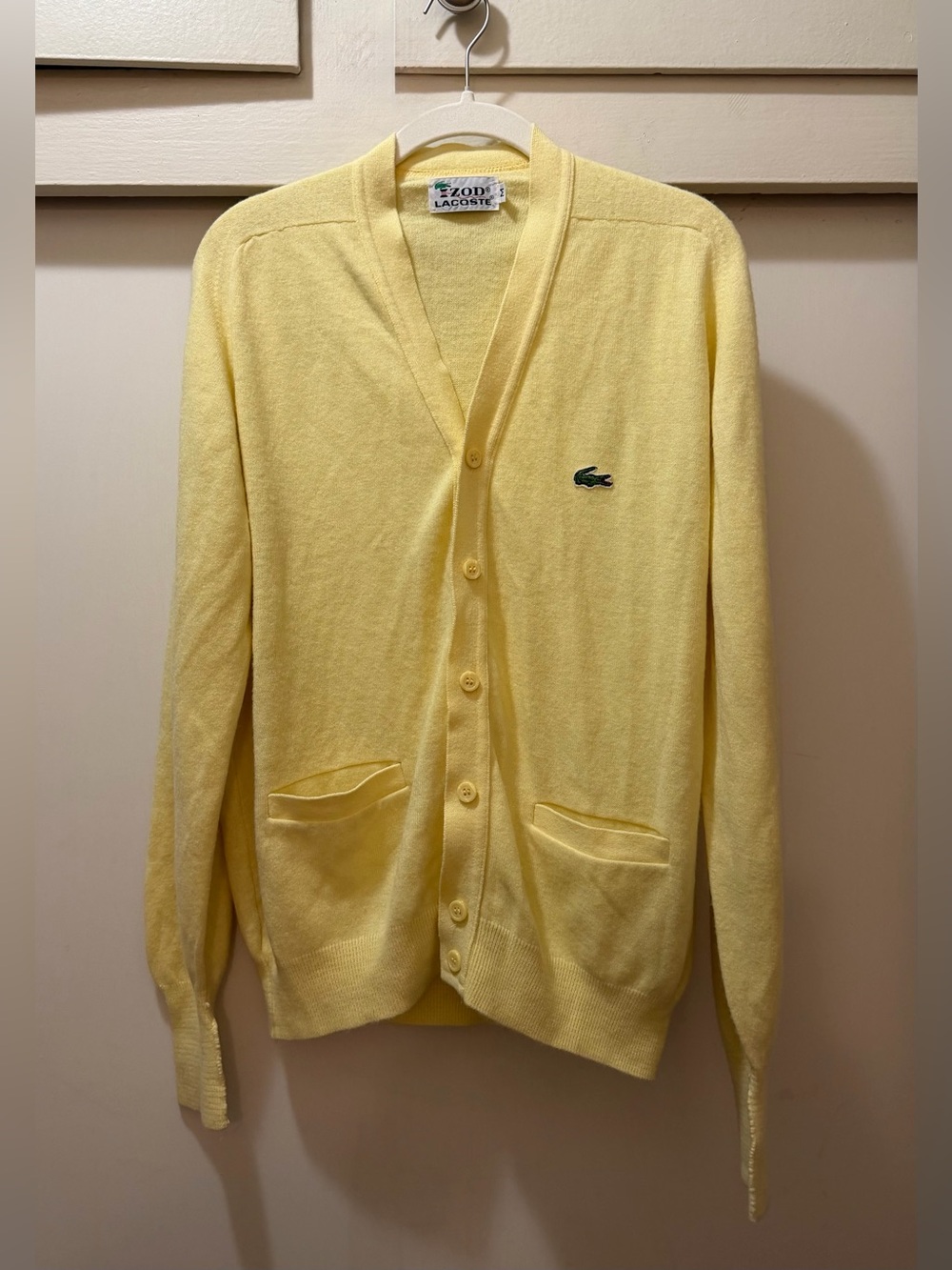 Vintage Izod Lacoste Yellow Cardigan Sweater Mens M P Preppy Alligator Logo